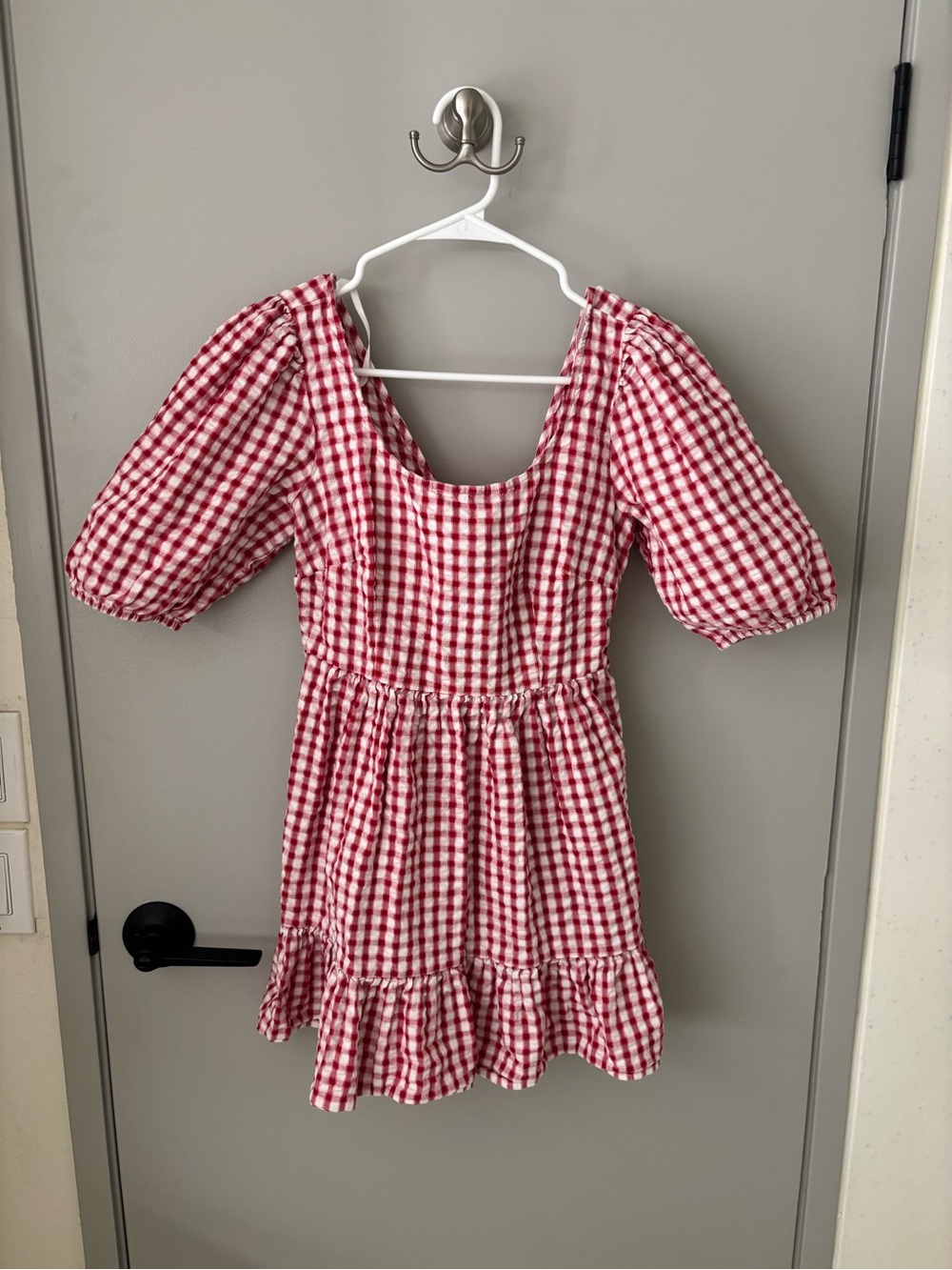 LOFT Red Gingham Puff-Sleeve Mini Dress